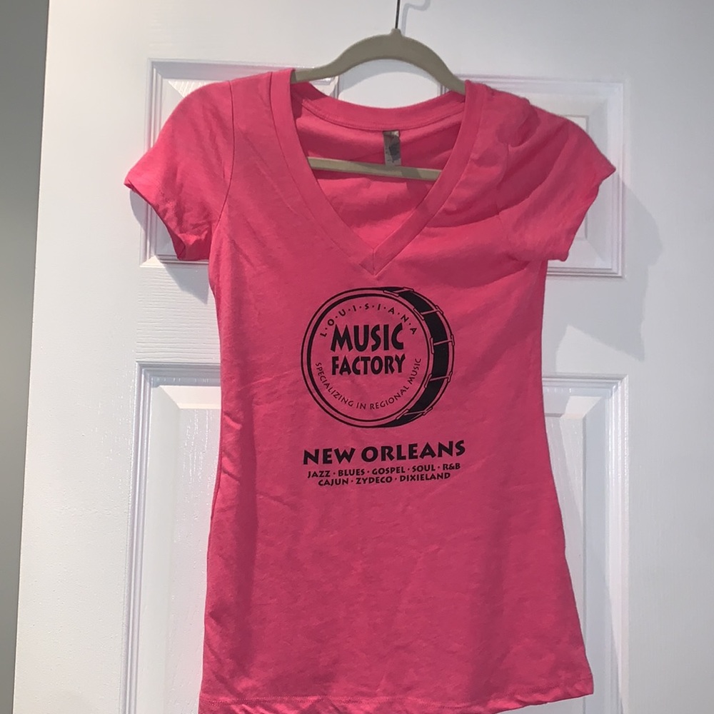 Louisiana Music Factory store logo graphic hot pink v neck tee SM
